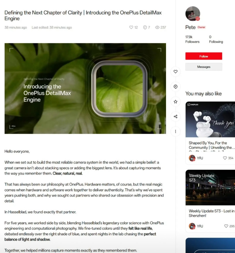 好可惜啊！一加刘作虎自己亲口说出哈苏与一加的合作正式结束，不过这正是一加开启下一