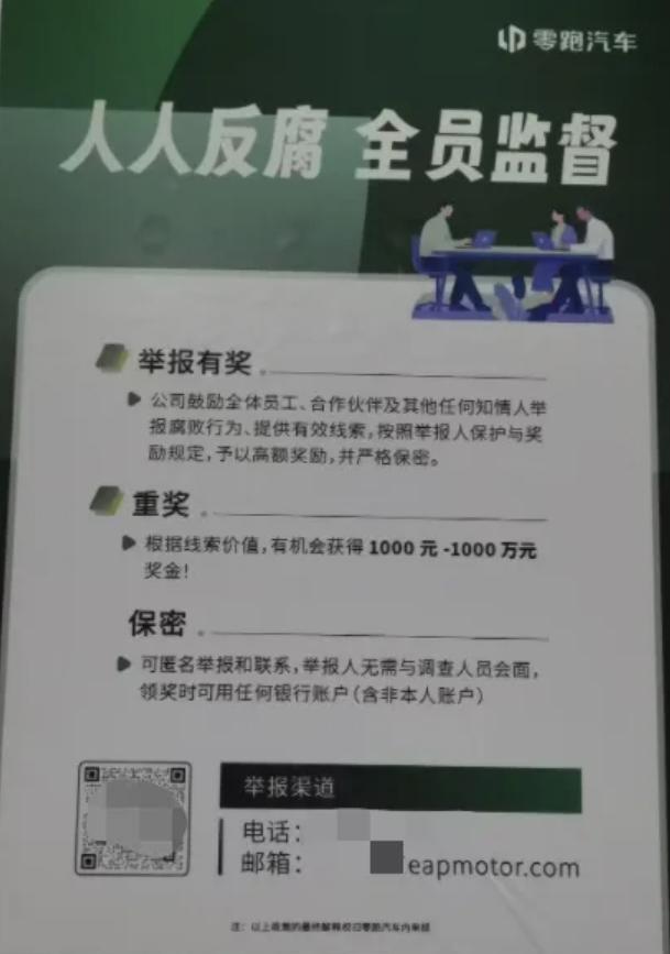 零跑举报反腐重奖1000万3月22日消息，零跑汽车被曝开展内部反腐整顿，员工主