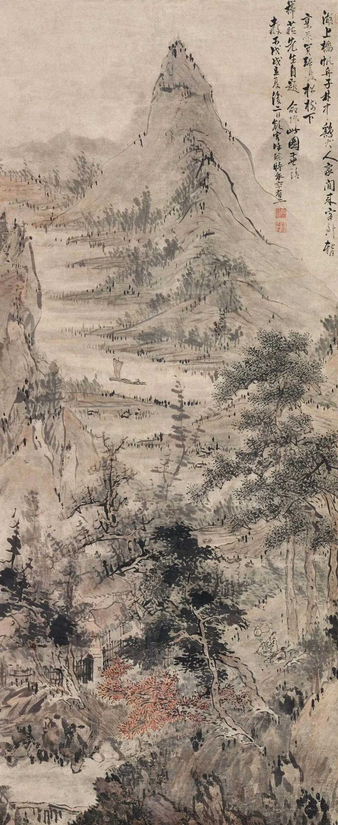 清徐琮《山居烹茶》设色纸本167×68cm，钤印：伧父徐髯、老不晓吏、一