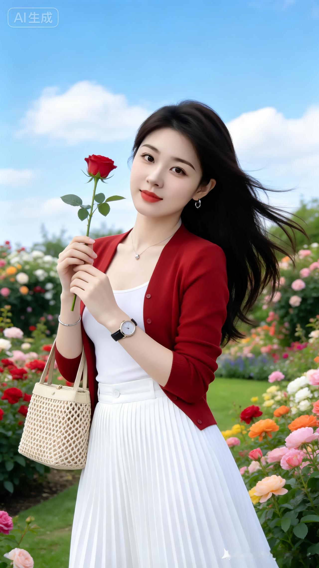 气质温婉千金少女，肤白如雪容颜清丽，黑长发随风轻扬，头微侧笑意清甜。红开衫搭白内