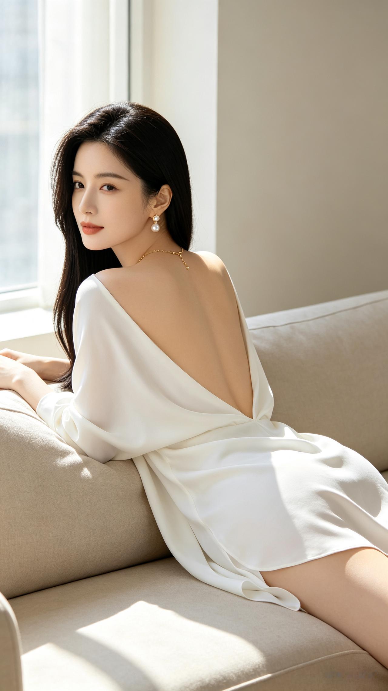 女子伏于浅色系沙发，拉直长发顺滑垂落，身着白色宽松露背上衣。侧后方窗光通透水光冷