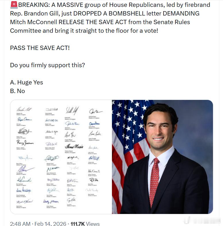 由国会议员布兰登·吉尔带领的一大批众议院共和党人，发出一封重磅信函，强烈要求米奇