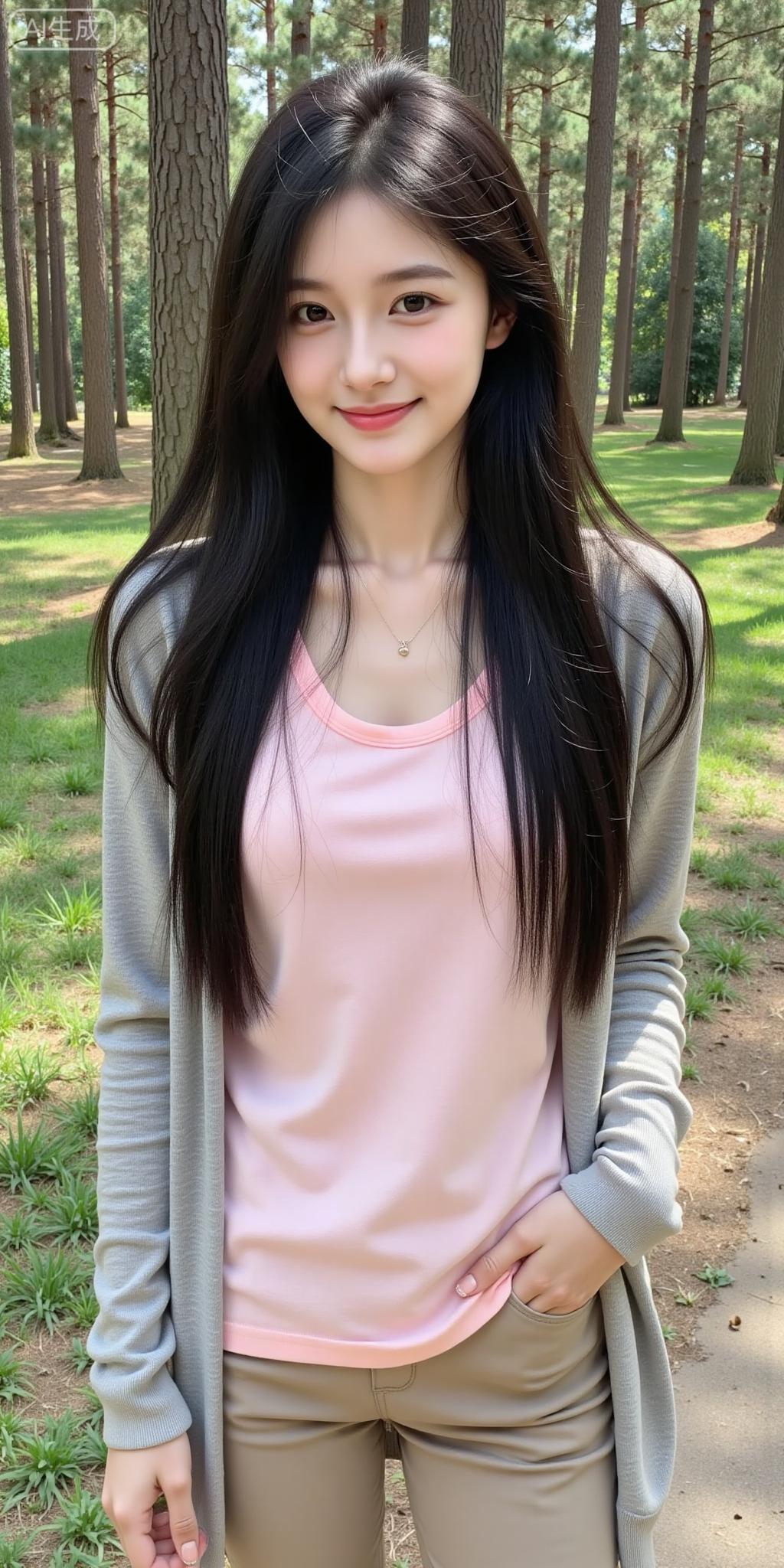 森林里的软甜系氧气少女粉T+浅灰开衫，温柔得像春日里的棉花糖~长发衬得眉眼