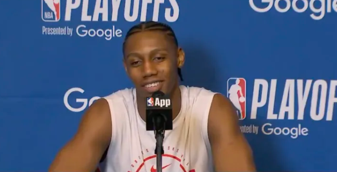 NBA季后赛，全场战罢，猛龙105-115不敌骑士。赛后RJ-巴雷特针对主帅谈