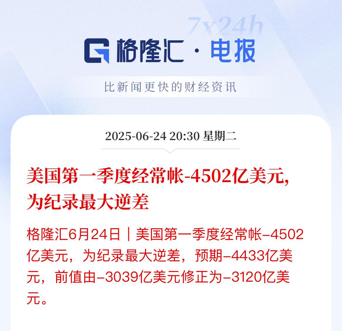 -4502亿！美国一季度经常帐爆表！创历史记录最大逆差数据显示，美国第一季度