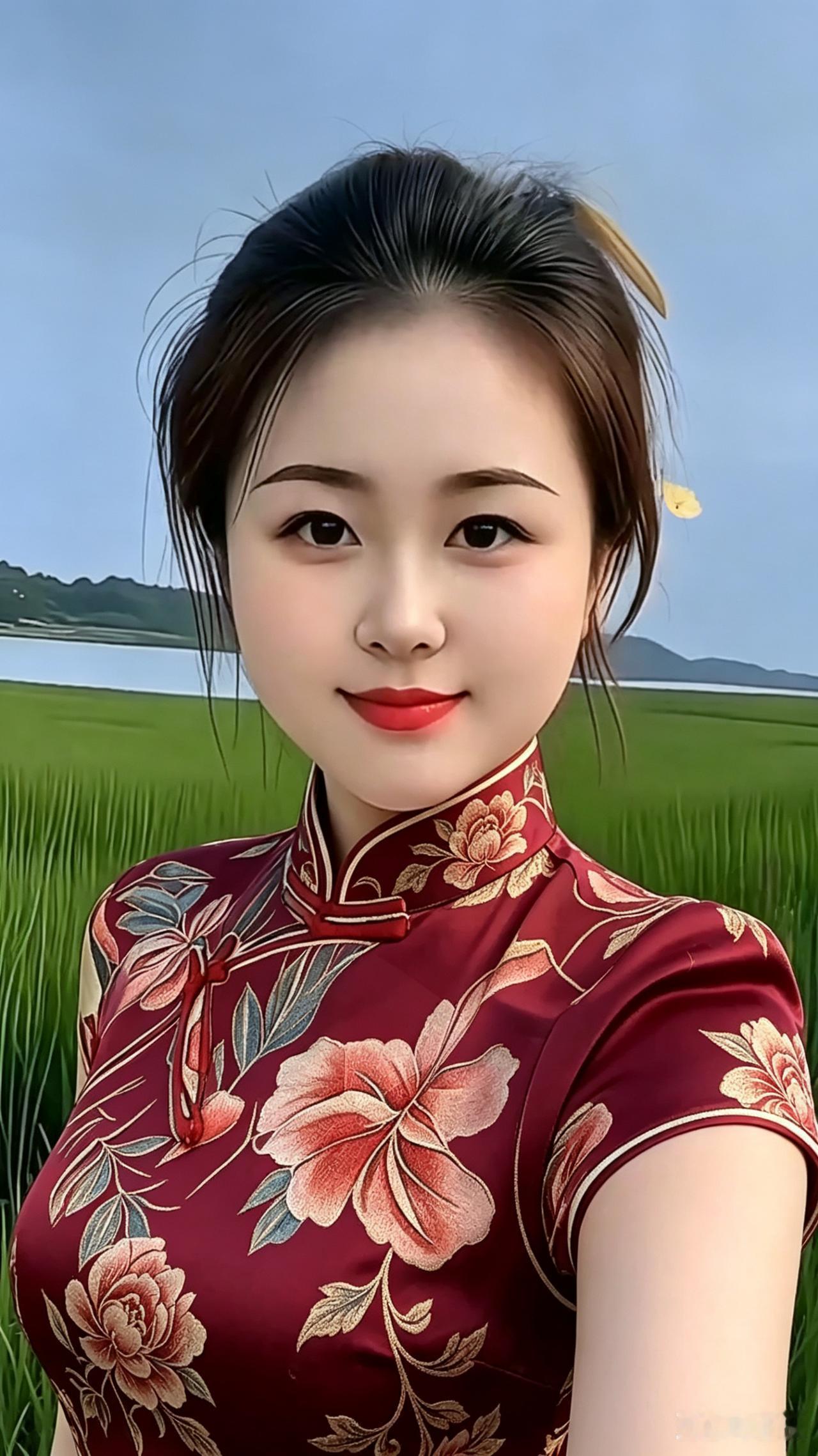 酒红旗袍衬稻田，东方韵味天然成她身着酒红色缠枝莲旗袍，刹那间将东方女子的温婉韵