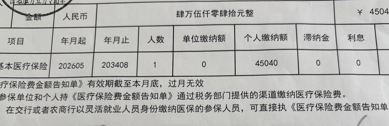没有犹豫，一次性补交100个月的医保45040元，肉疼是真的，但踏实了也是真的。