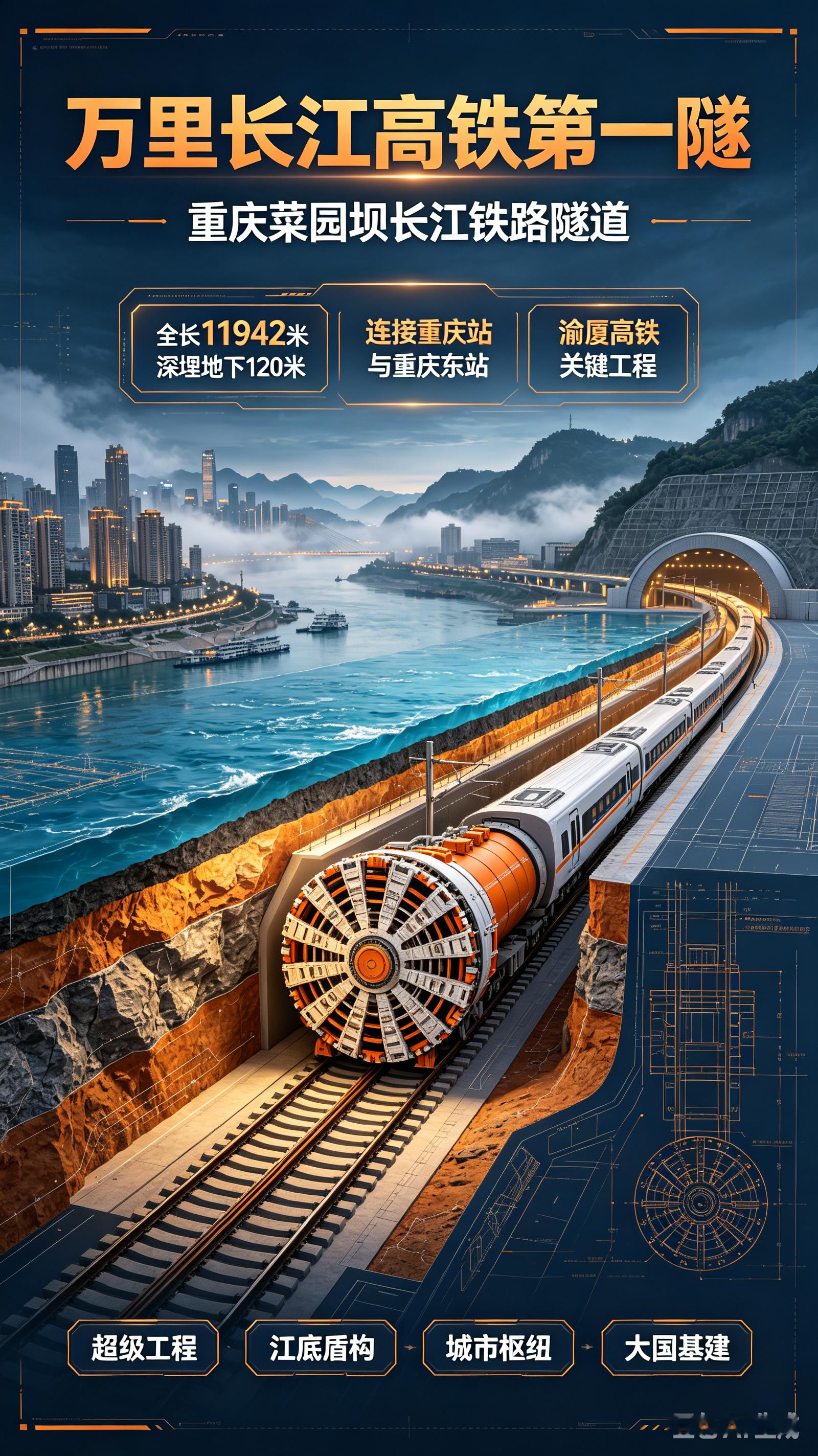 万里长江第一条高铁过江隧道✨！菜园坝长江铁路隧道，也被大家称作“万里长江高铁第一隧”，创下国内多项工