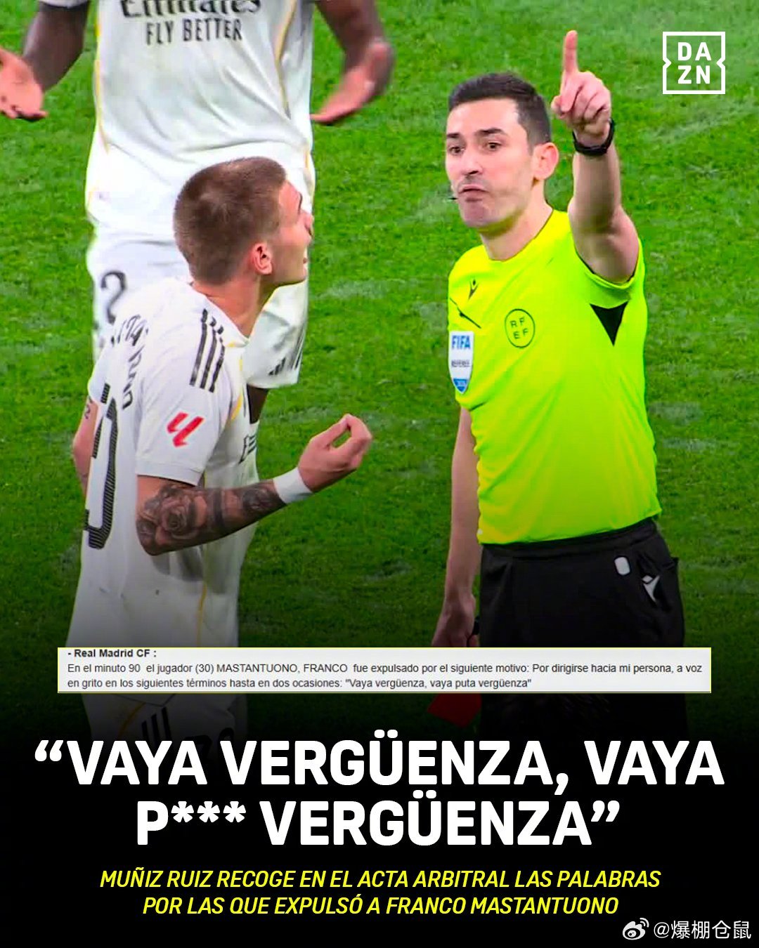 【直红罚出场】西班牙媒体：皇马0比1赫塔菲，皇马中场马斯坦托诺在比赛尾声时怒喷