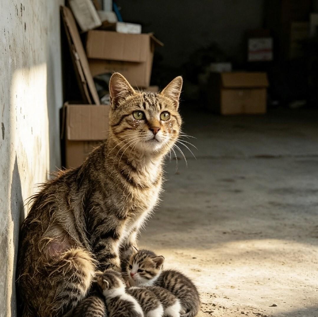 猫妈妈瘦得只剩一把骨头，却还死死护着怀里那几只小奶猫，抬着头含泪望向捡到它们的人。老公在车库角落发现