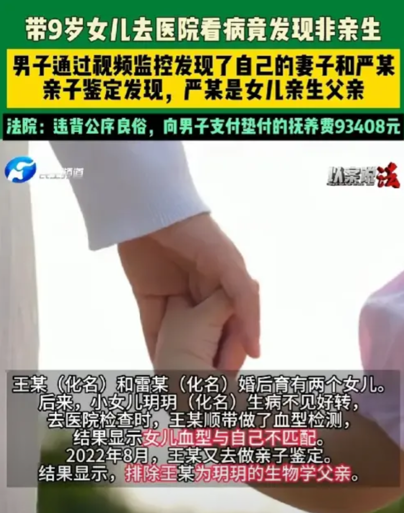 湖北枣阳，男子带9岁女儿去医院看病时，发现女儿血型与自己不匹配，亲子鉴定的结果显