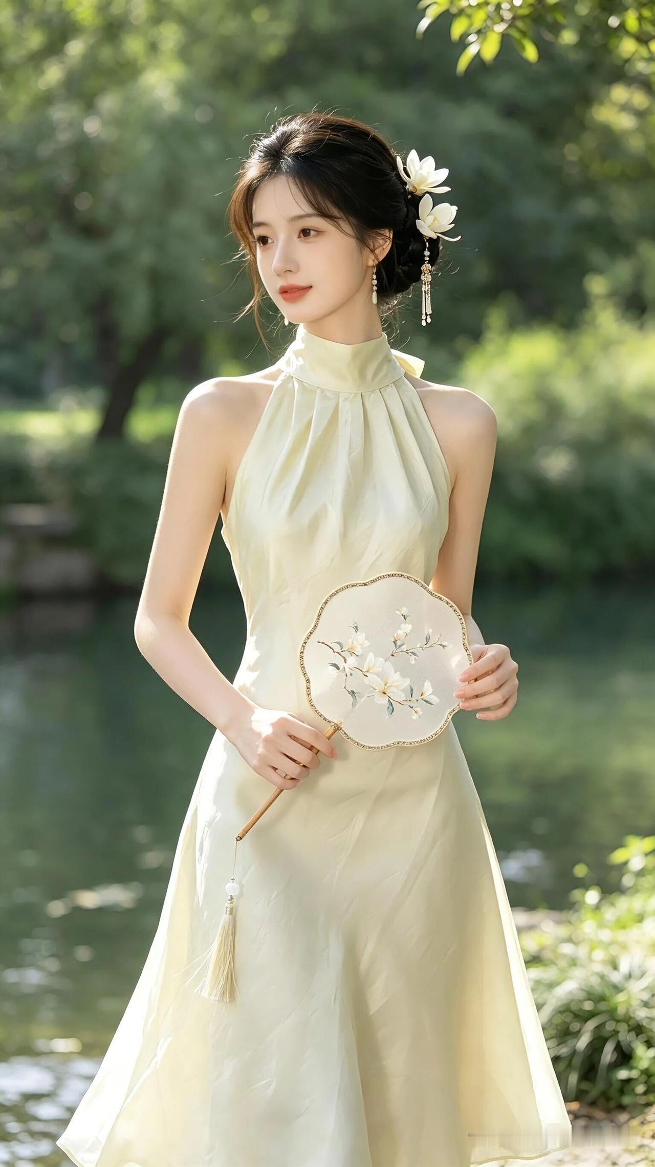 想象一下，一位古风少女在花间漫步，那画面优雅得如同画卷。她身着飘逸的古装，在五彩