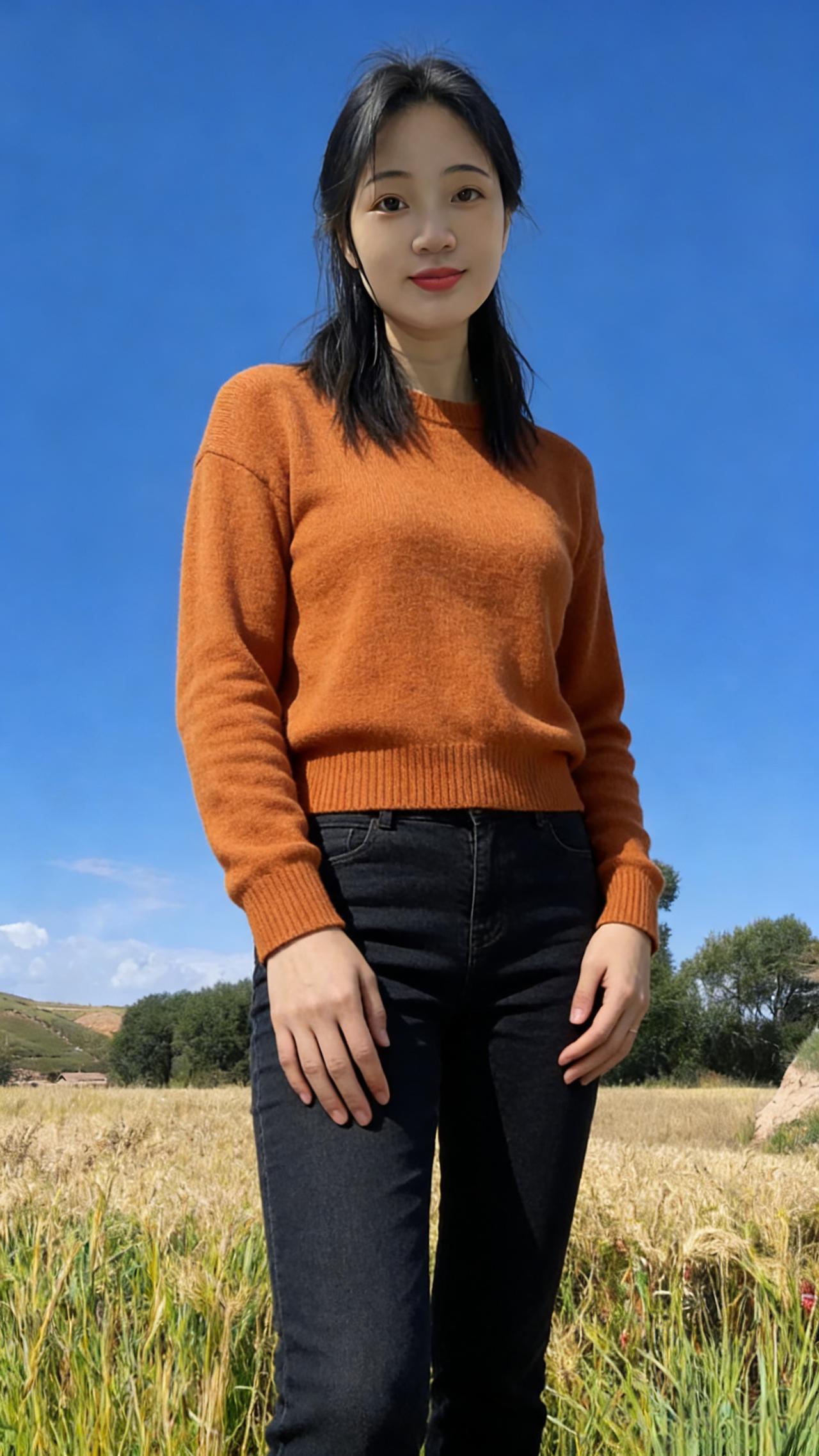 万顷晴波覆野黄，佳人独立晚风凉。一声笑靥惊飞雀，落尽秋光满衣裳。