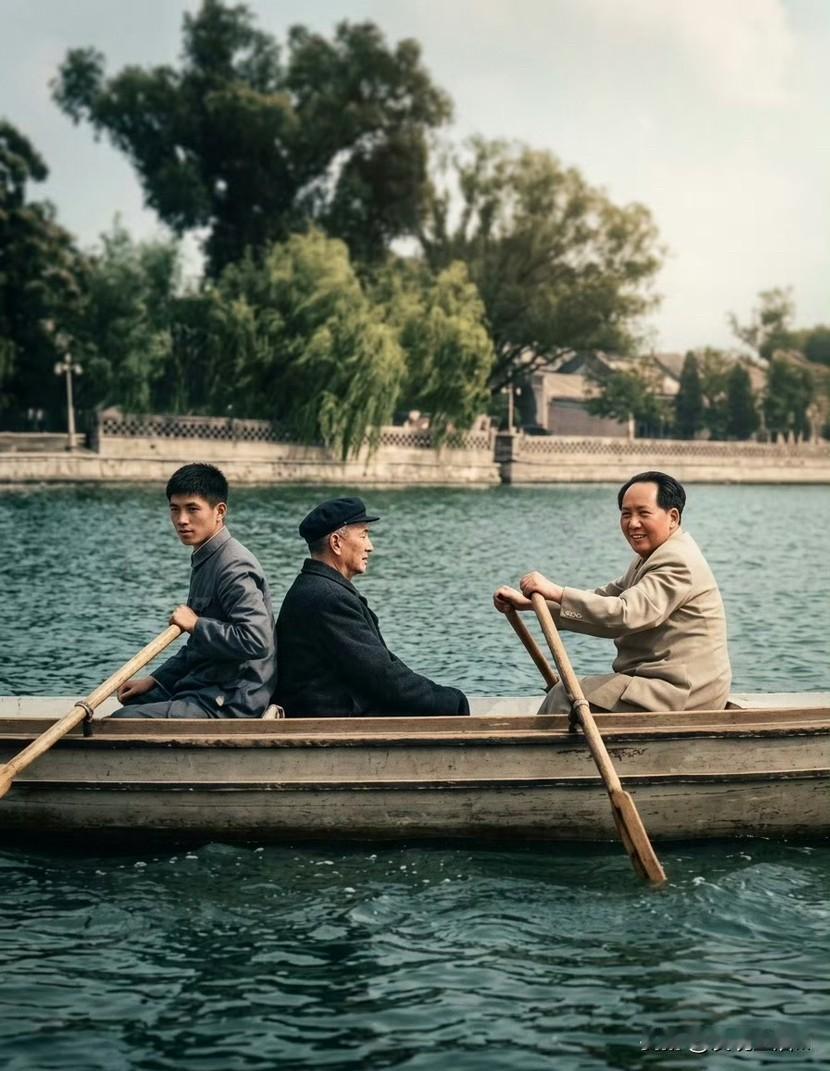 这张毛主席划船的老照片，第一次见到，照片应该拍摄于1952年秋。船中间的老者很可