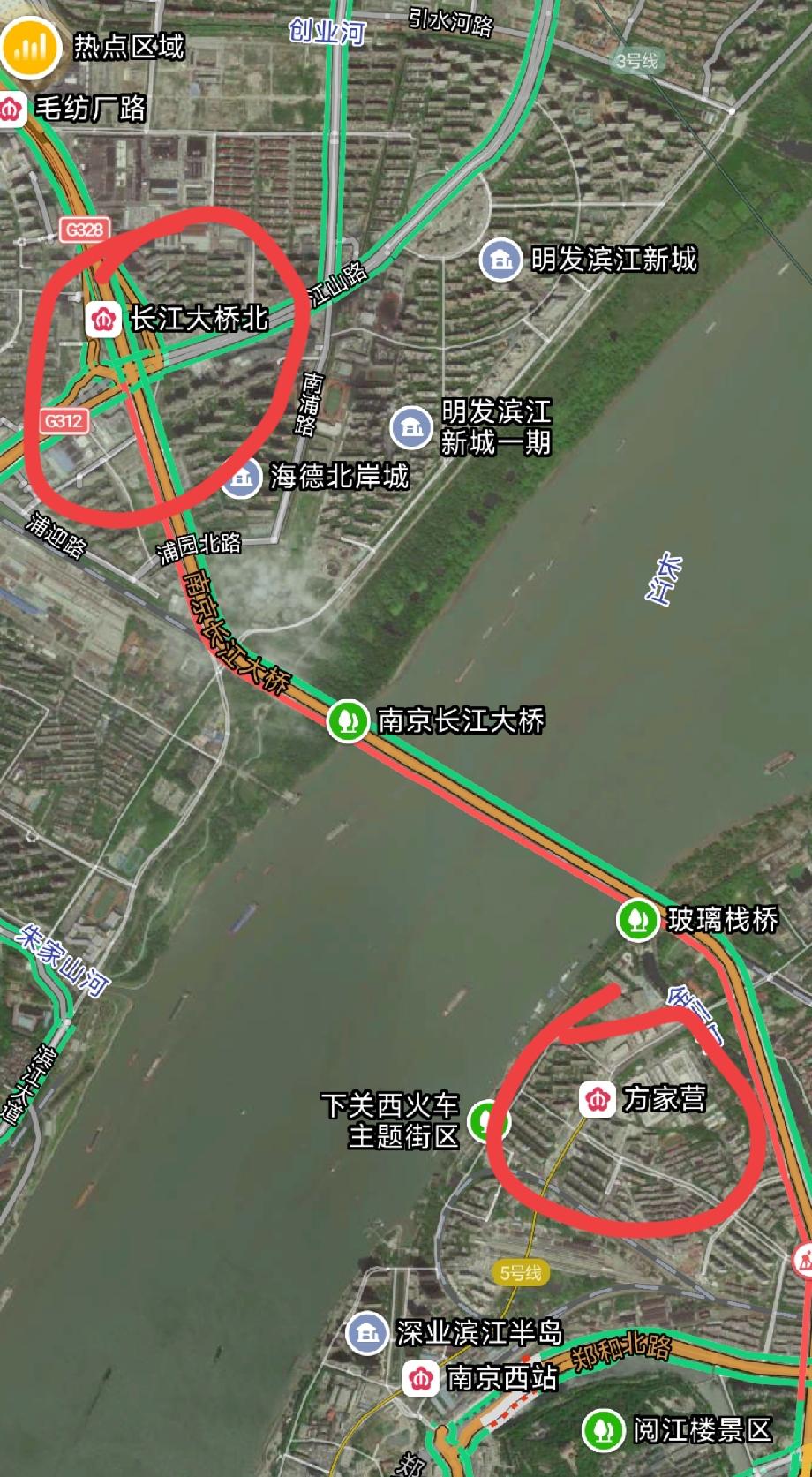 南京的两条地铁线，一个在江南，一个在江北，那就是五号线和宁天线。这两条地铁线都靠