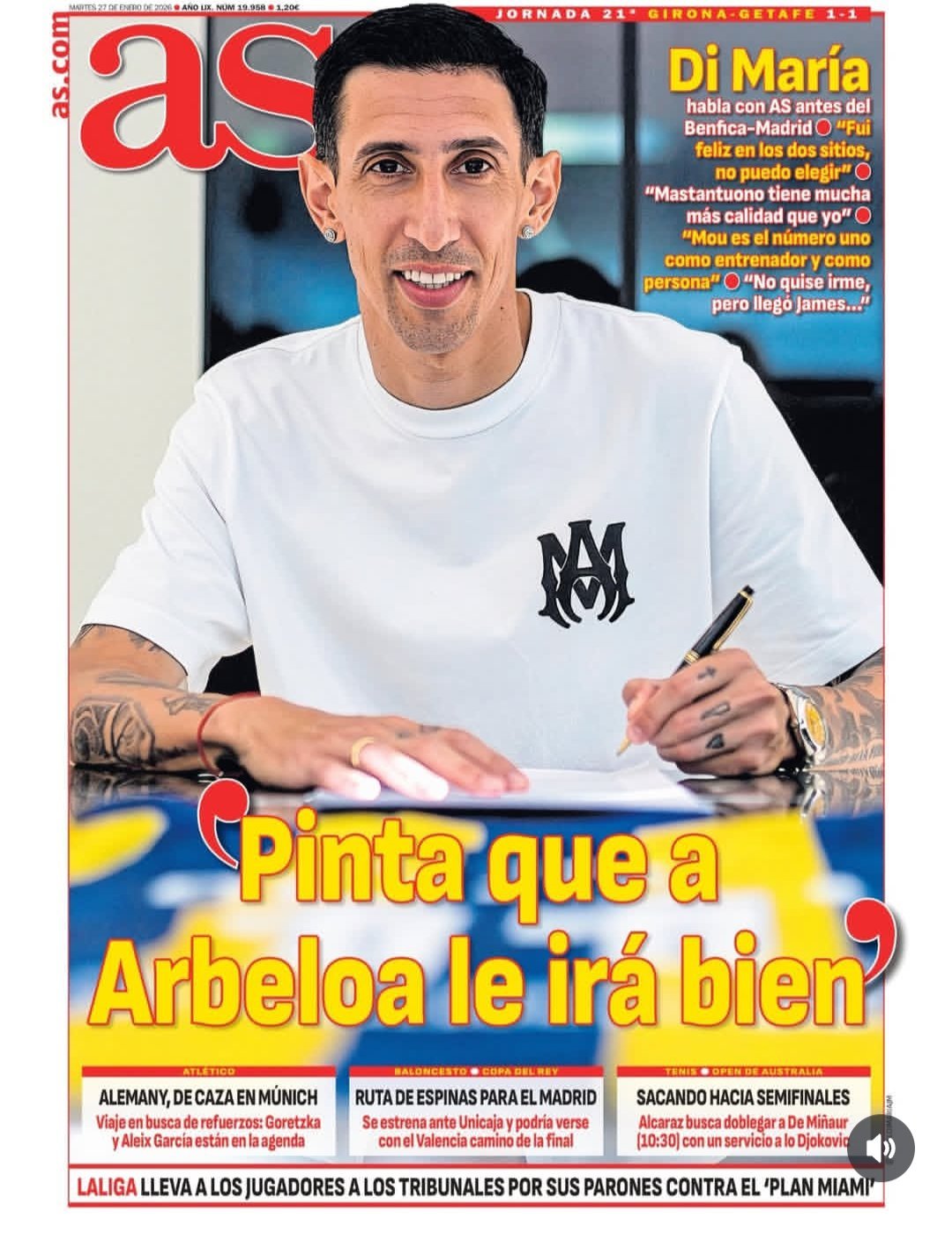 皇马《阿斯》迪马利亚:我以前在两个位子上挺好的，我没得选；马斯坦托诺比我出色