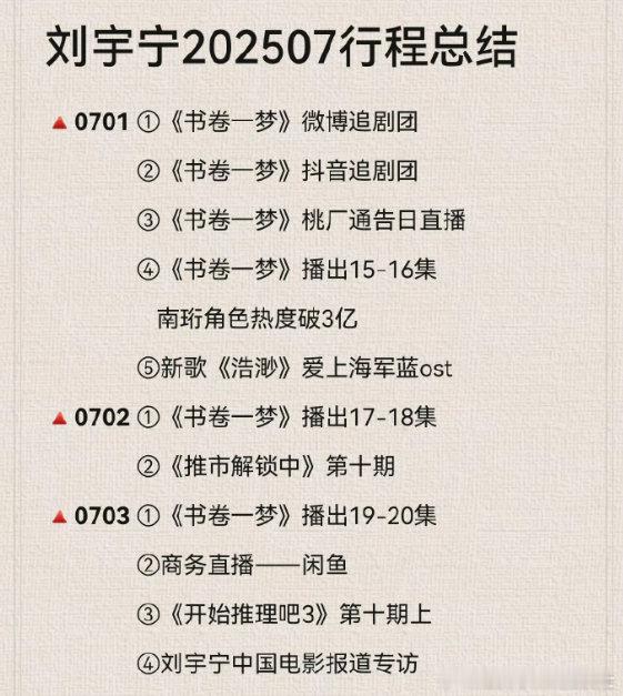 刘宇宁7月整月无休刘宇宁7月行程汇总刘宇宁2025年7月超拼，多领域工