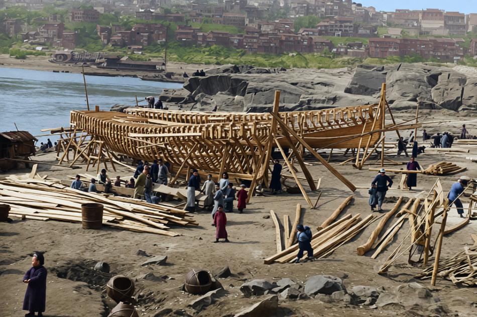 1946年，重庆长江江边的一处造船场，工人们正在手工建造大型川江木船，照片中央，