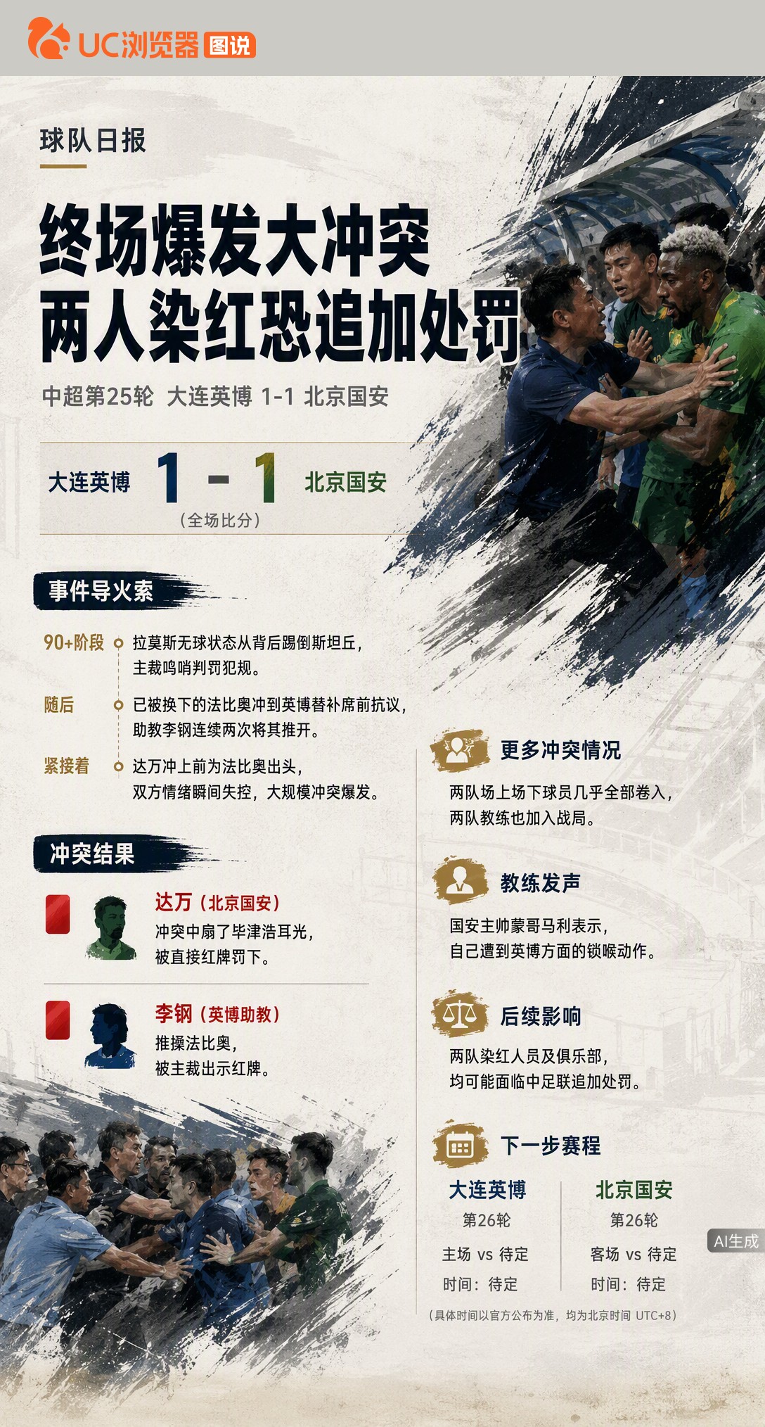 国安1-1英博尾声炸了！法比奥抗议被推搡，达万出头扇耳光染红，助教李钢也吃红牌。主帅蒙哥马利还称遭锁