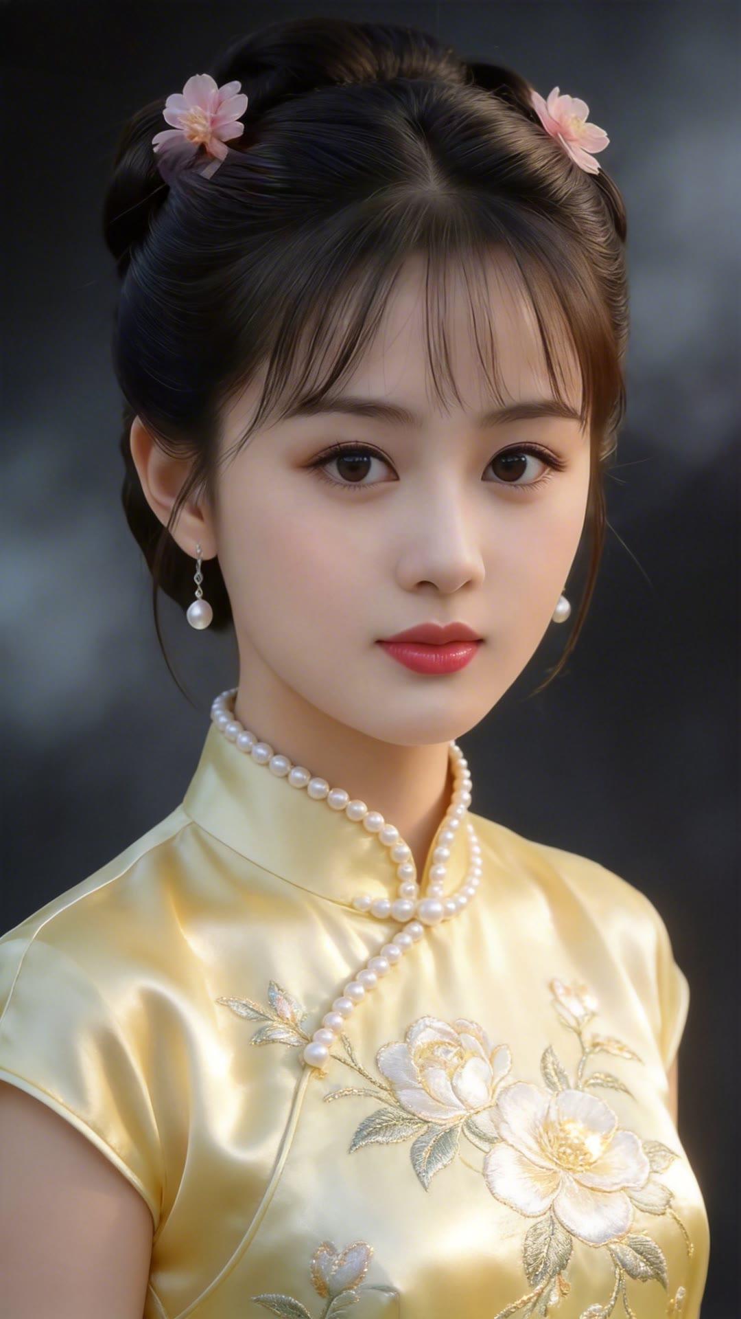 金衣美人，花簪映笑颜。