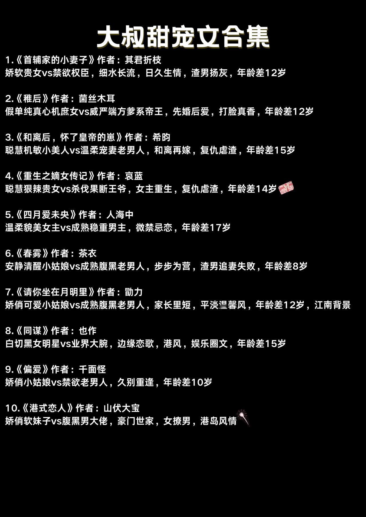 大叔甜宠文合集1.《首辅家的小妻子》作者：其君折枝2.《稚后》作者：菌丝木耳