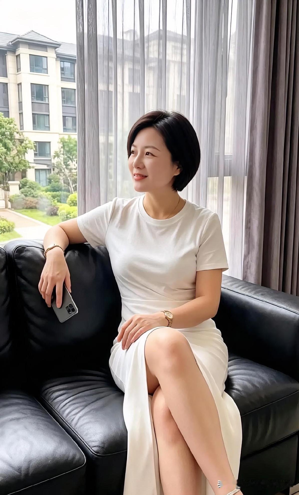 素白衣袂衬柔光，她闲坐沙发，短发利落，笑意温婉。窗外绿意朦胧，室内静谧安恬，将日