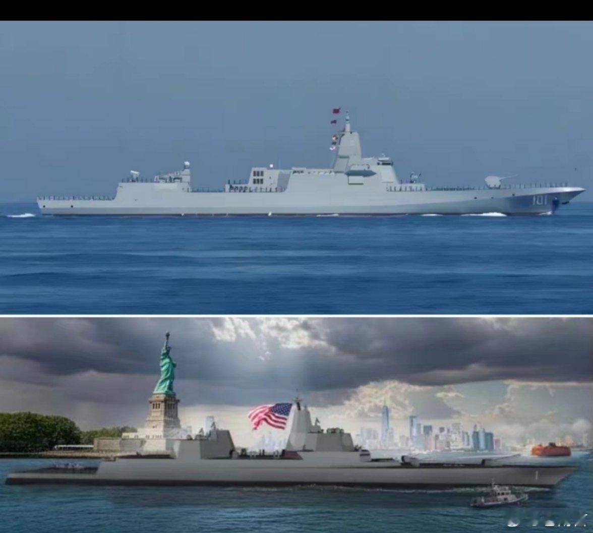 美国“特朗普”级战列舰和中国055型万吨大驱的对比图——其实也没啥可比性，毕竟老