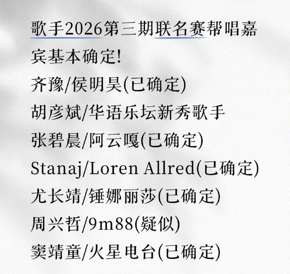 歌手2026第三期联名赛的帮唱嘉宾快要浮出水面了，不过这确定是来帮唱的吗？这些