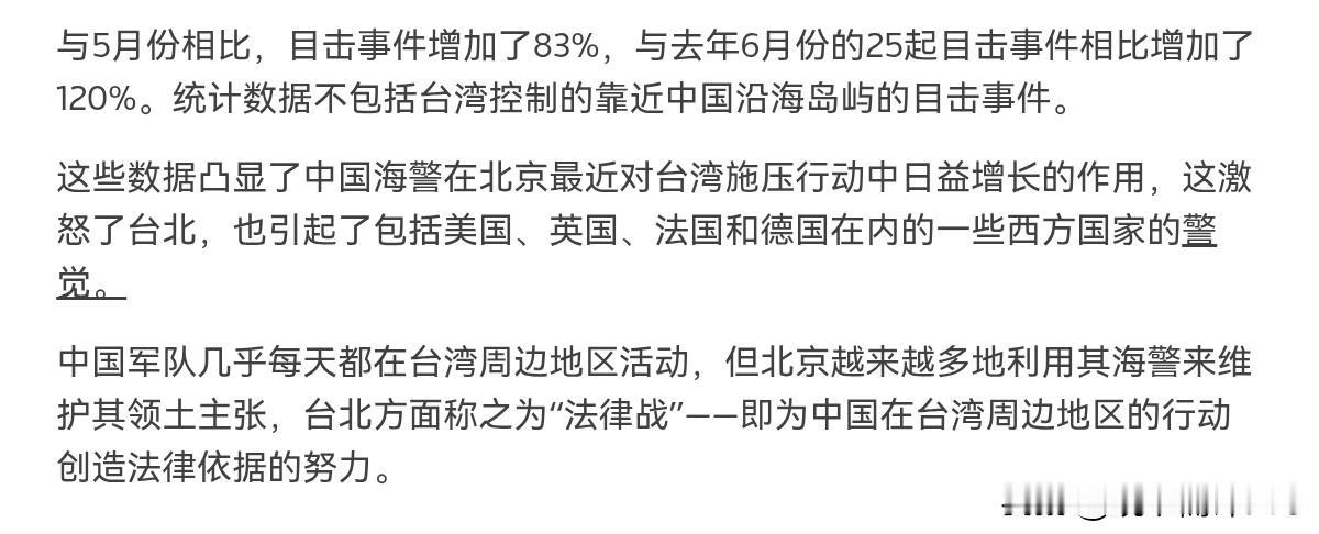 急剧增多，民进党当局感到害怕了！7月20日，根据路透社报道，外媒称，台湾“海巡署
