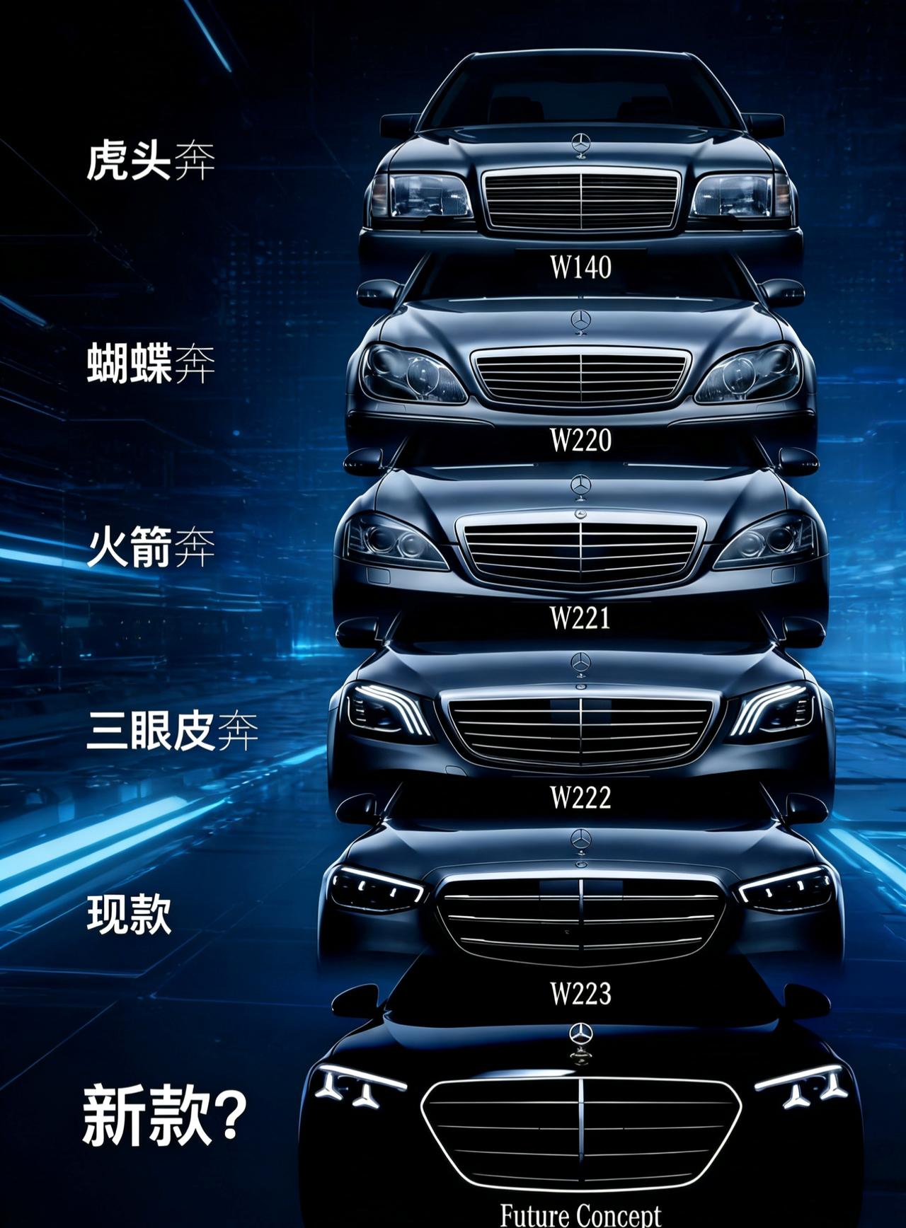 奔驰S级的变化，哪一代最戳你？🔥奔驰S级历代“奔”字辈进化史✅虎头奔（W