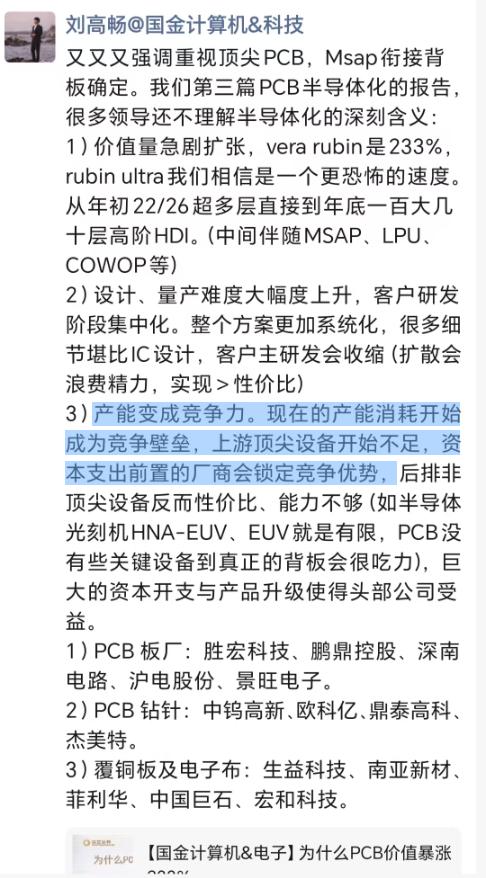 从PCB厂商（如沪电股份、胜宏科技、台光电等）传出的打样和架构需求来看：