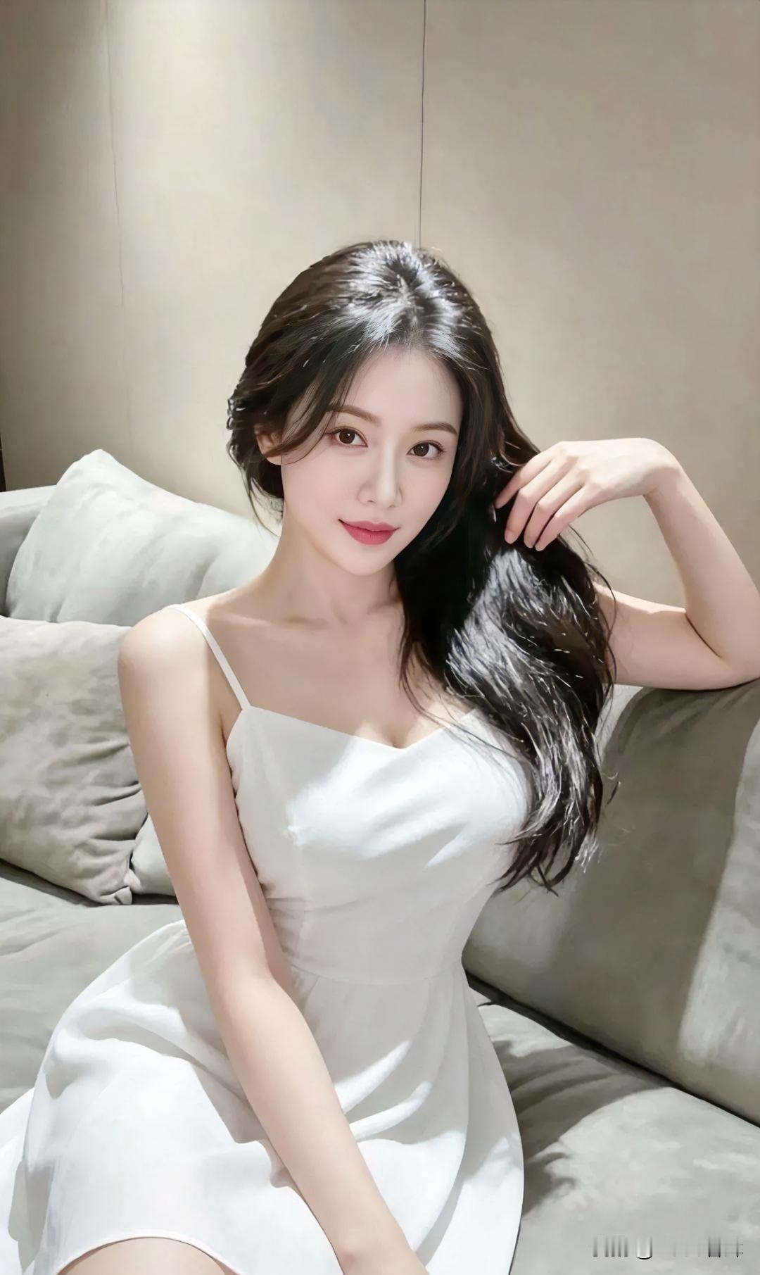 白裙曳柔光，素影映浅墙。发缕随风舞，手抚鬓角长。静室藏幽意，美在淡中藏。