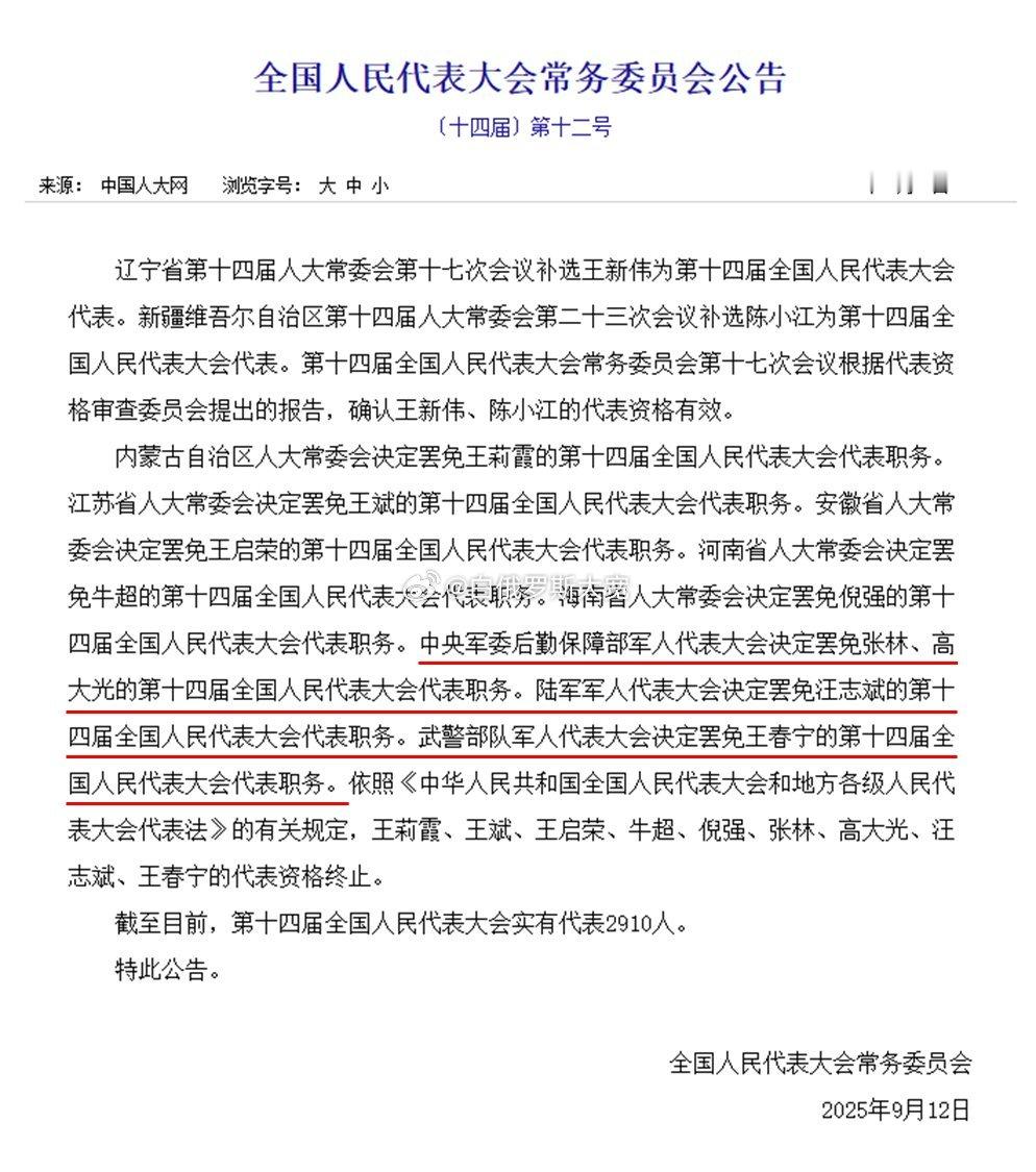王春宁、张林、高大光、汪志斌在十四届人大常委会第十七次会议上被罢免十四届人大代表