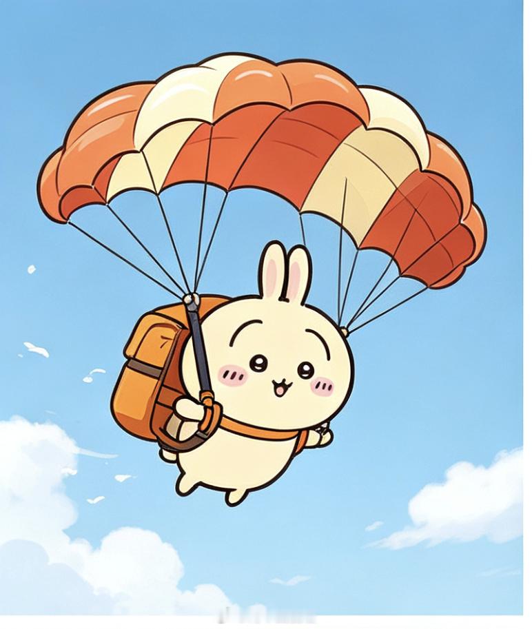动漫吉伊卡哇灵感共创夏日企画乌萨奇跳伞，在空中的感觉太棒了吧！图片由ai生成。