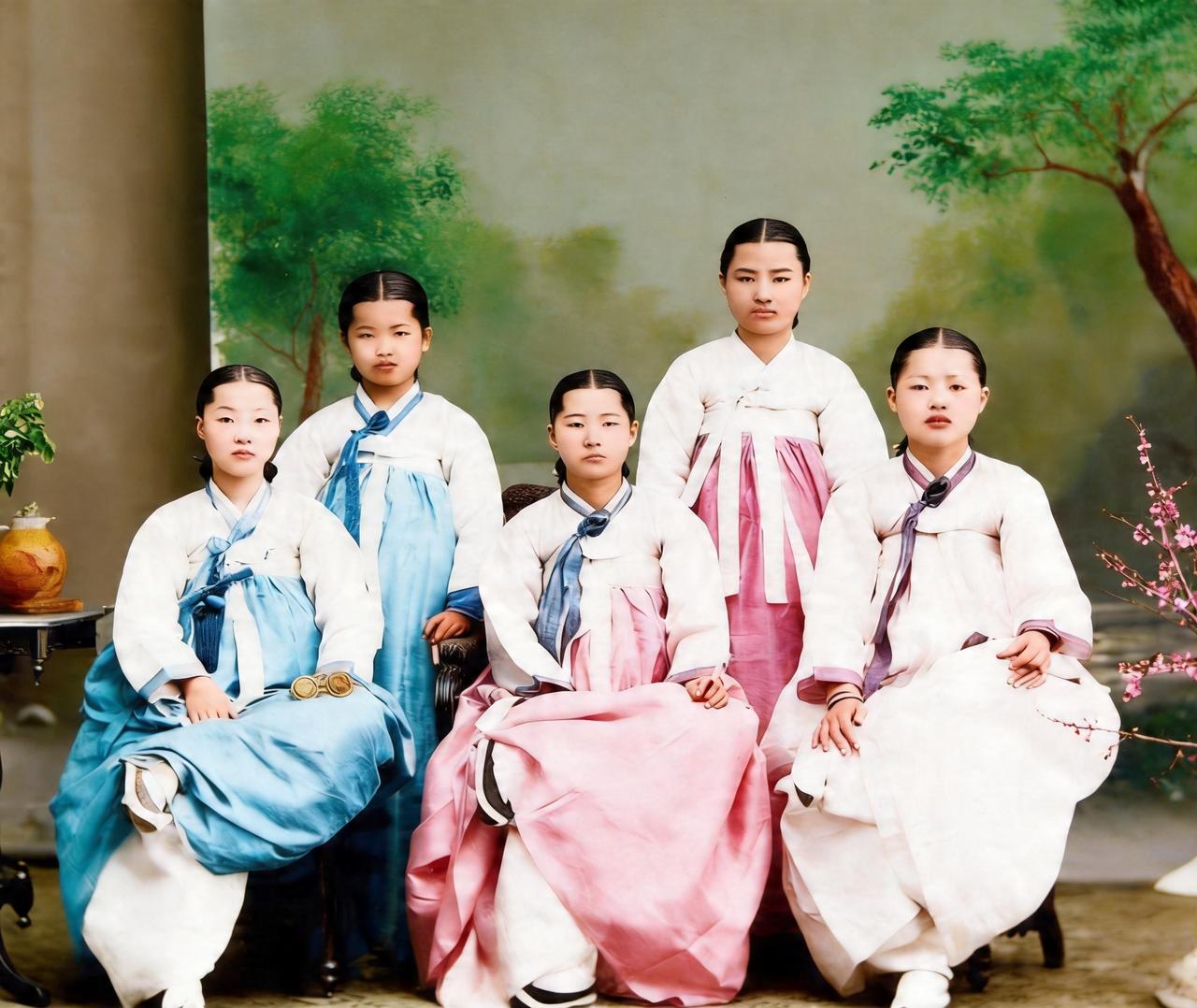 这是百年前朝鲜的五大美女聚在一起。她们个个面如银盘，骨架很大，身板挺直，气质拉满