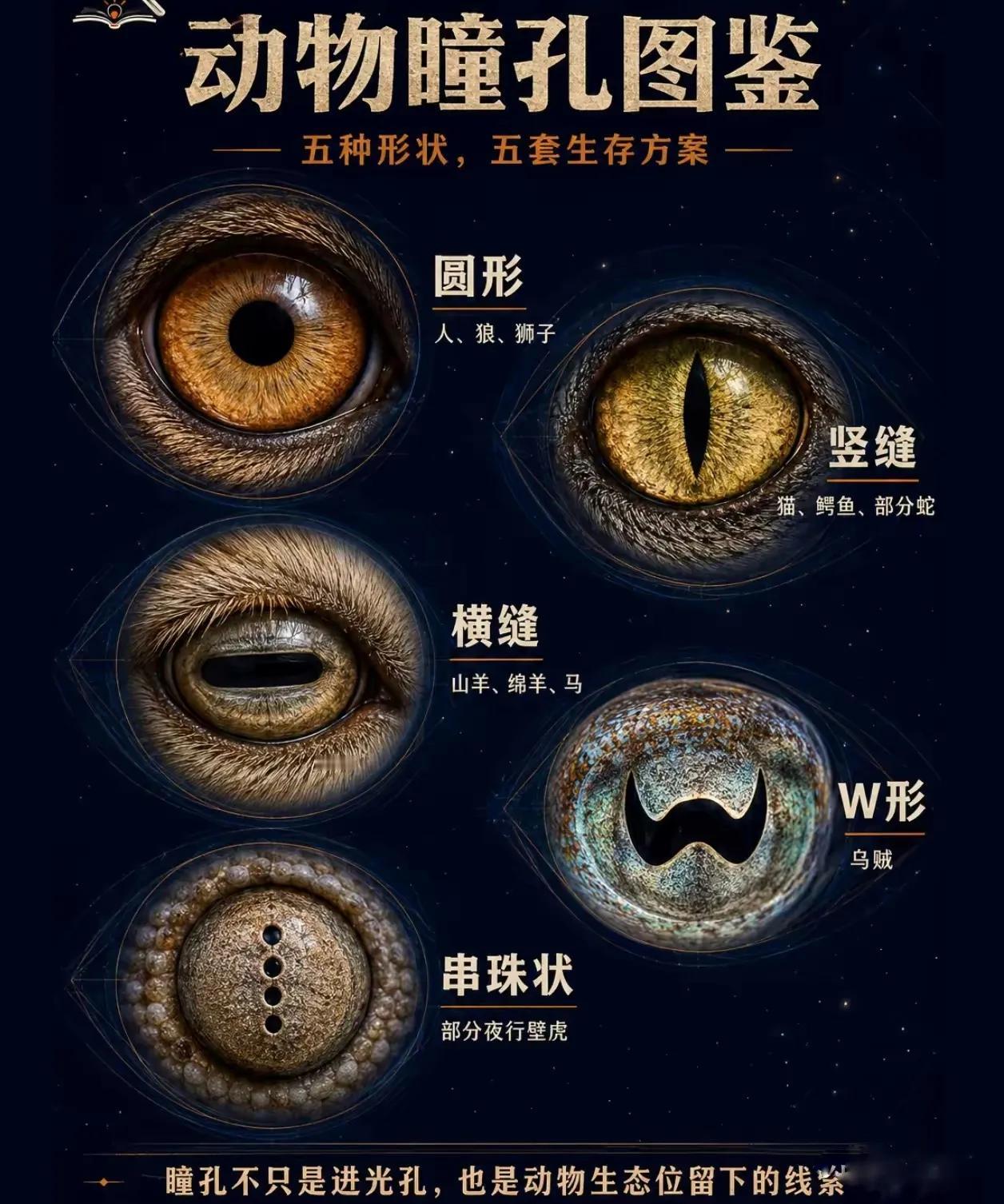 不同瞳孔的优点。圆瞳孔：远视距离最好，竖瞳孔：白天不炫光，晚上看得清，横瞳