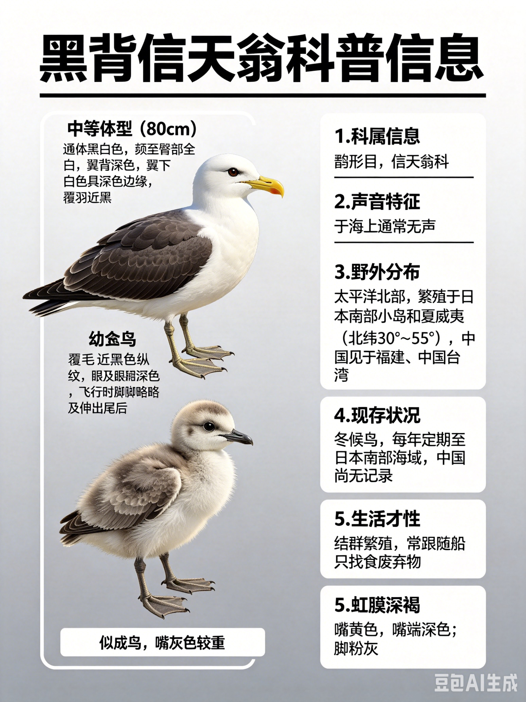 鸟类朋友图鉴黑背信天翁·科属：鹱形目，信天翁科。·外形特征：中等体型（80cm