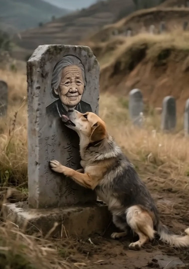 主人去世，狗狗痴守墓地。主人去世后，狗狗痴痴地守在墓地，时不时用嘴舔着主人的遗