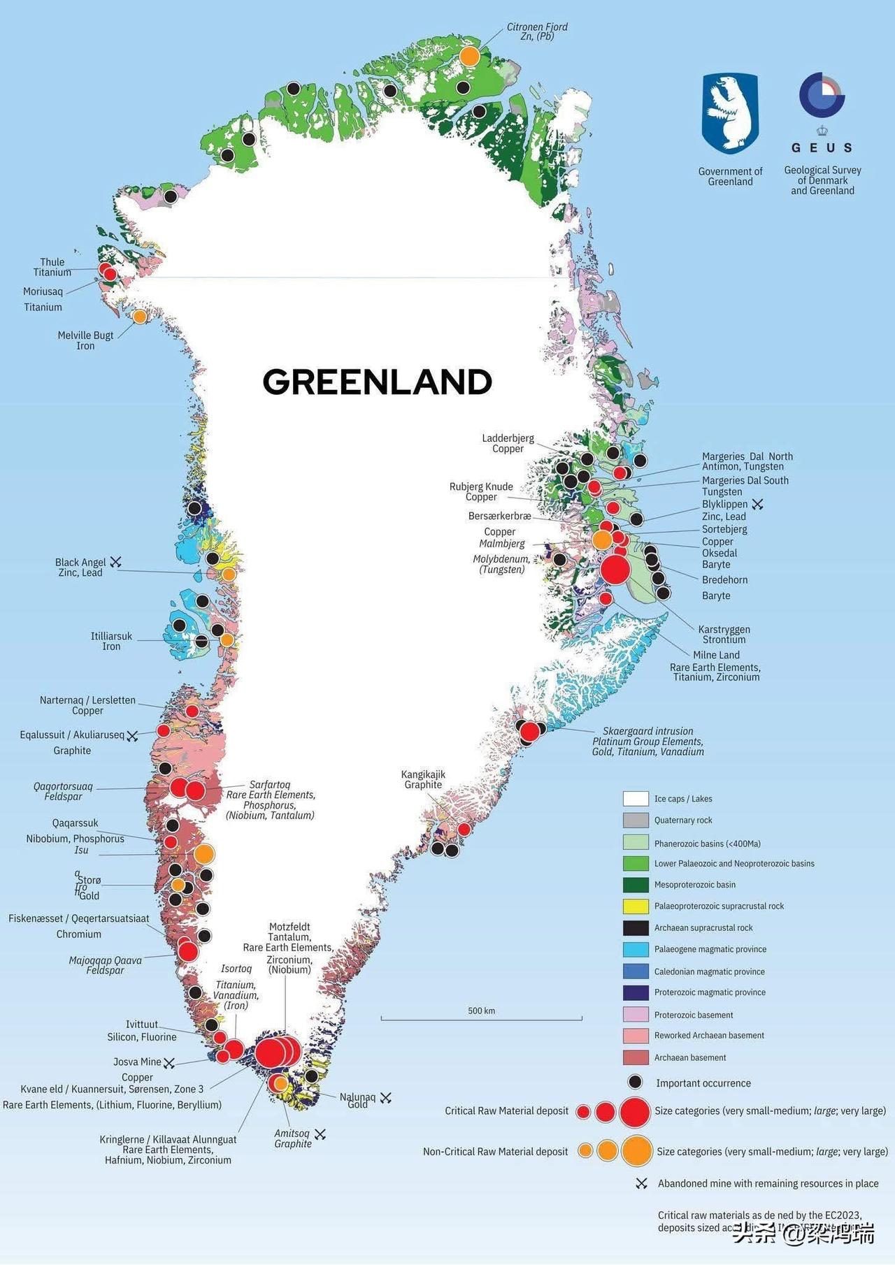 格陵兰岛蕴藏着大量被欧盟列为关键原材料的矿产资源，包括稀土元素、石墨、钛、钒和铂