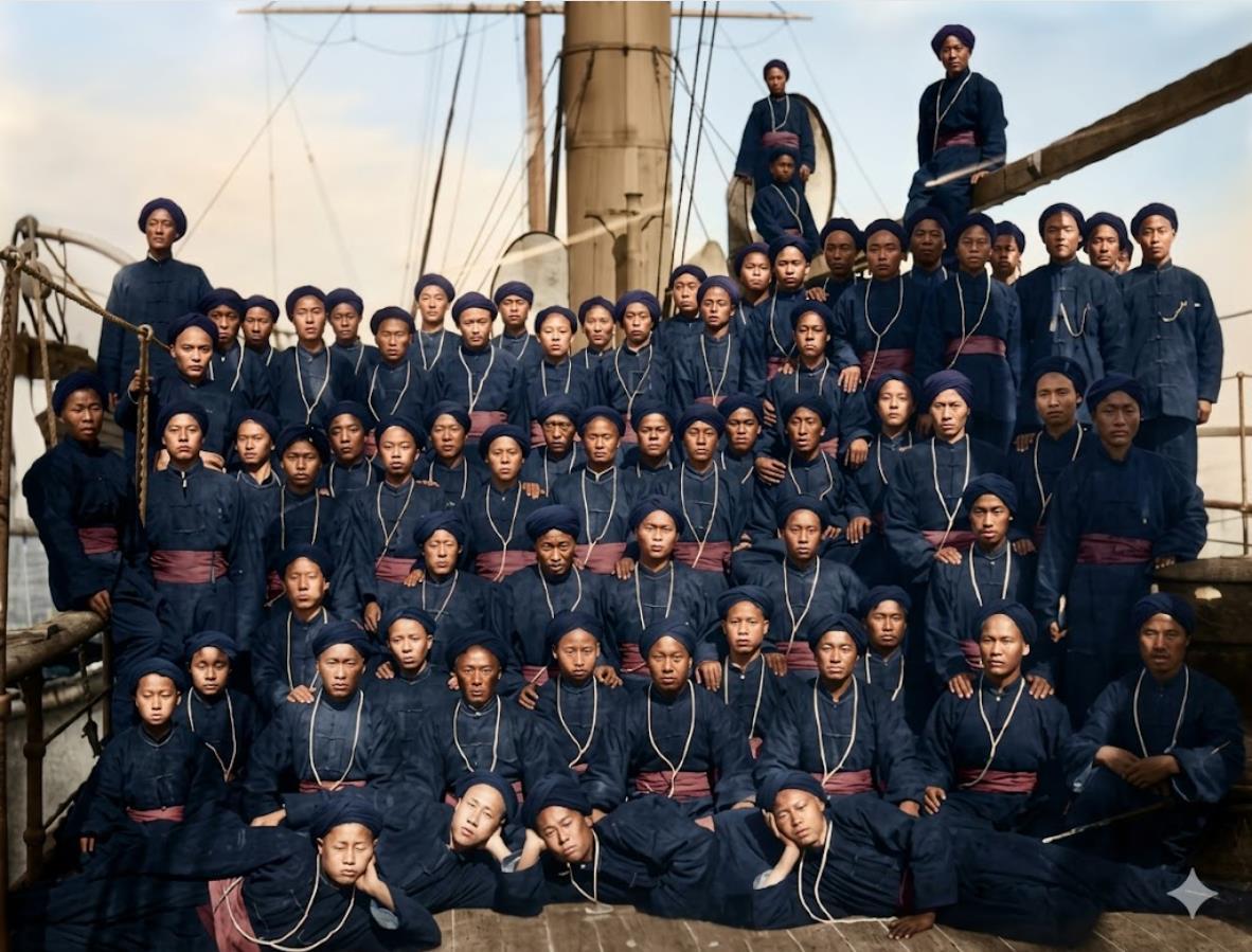 1885年，北洋水师“威远号”战舰水兵的集体留影。水兵们身着统一的黑色短打，腰