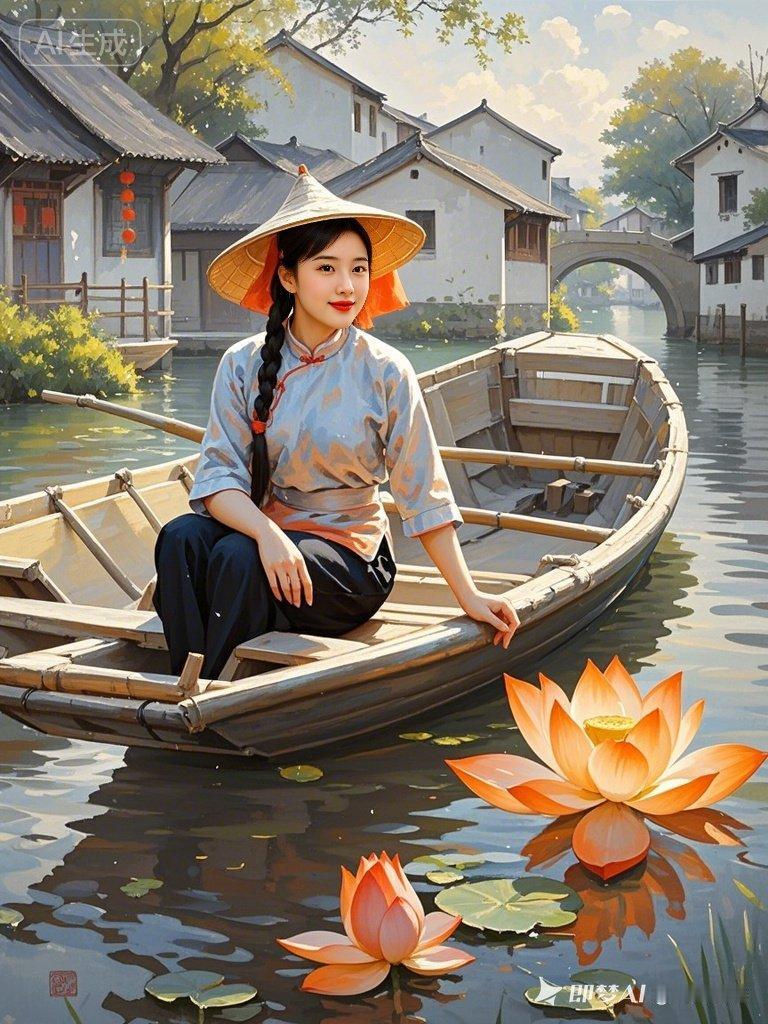 “江南水乡，撑伞少女与荷塘美景”🌸🚣‍♀️