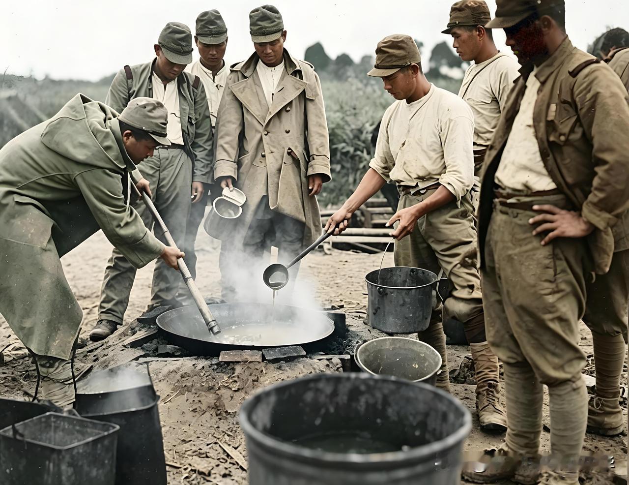 极不卫生的日军野战料理1937年，淞沪会战期间，日军的战时后勤，正在烹饪日军野