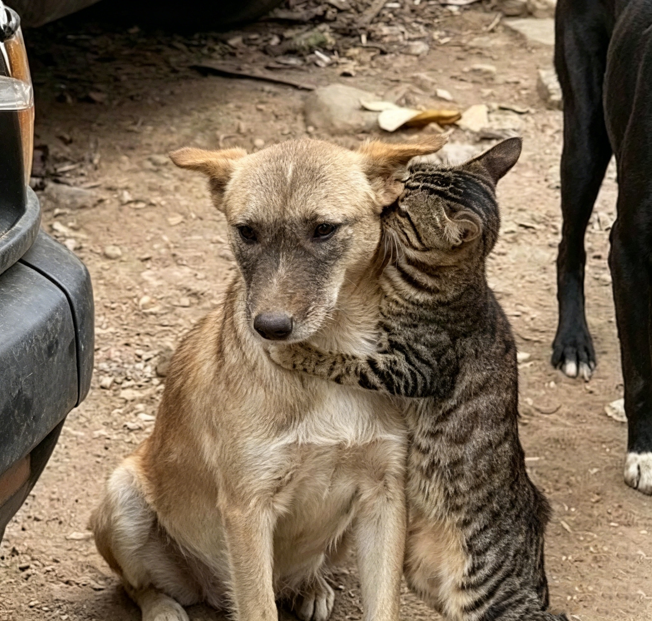 地震后被救的猫猫认出自家的狗狗，这个图真是太刀了