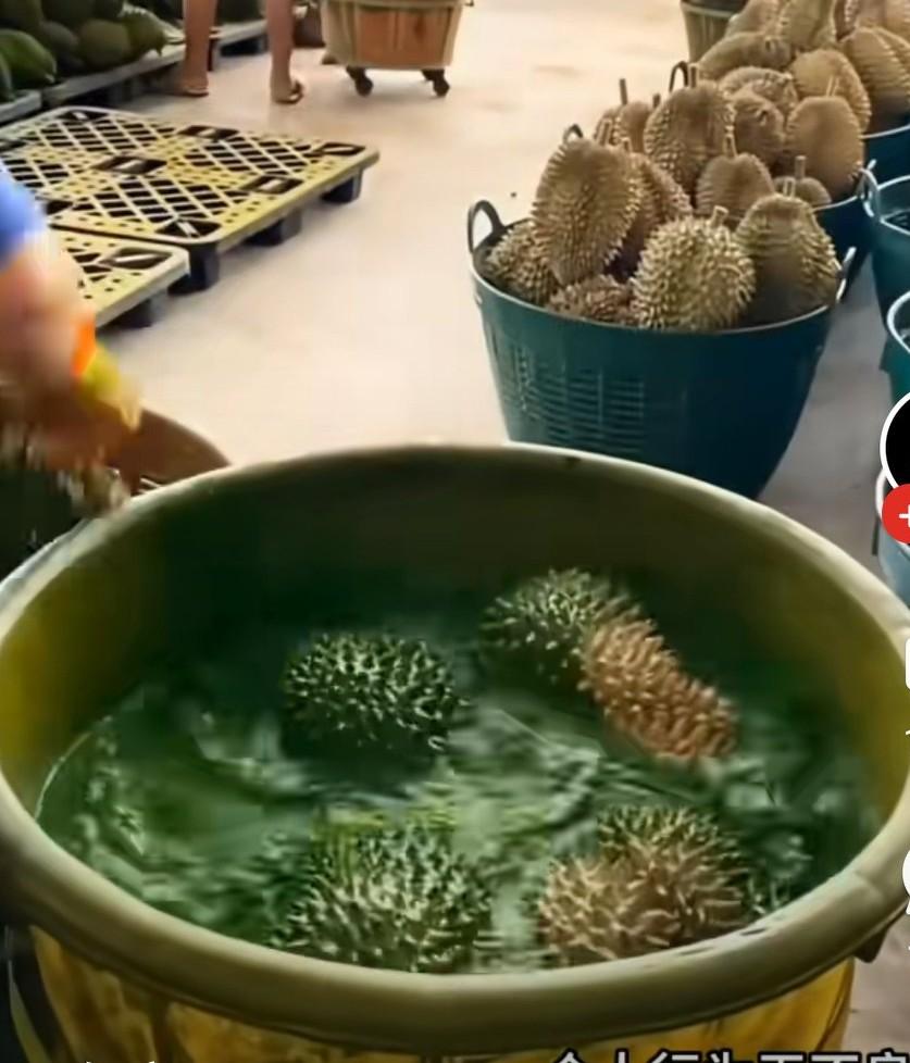 网友晒榴莲加工一幕，只见女子把榴莲放到满是黄色药水的池子里，一会拿出来就是黄色