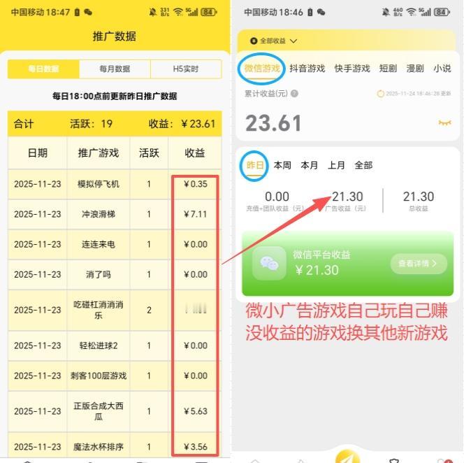 今天扒拉手机的时候，突然看到昨天的“意外收入”——靠微信小游戏看广告，攒了23.