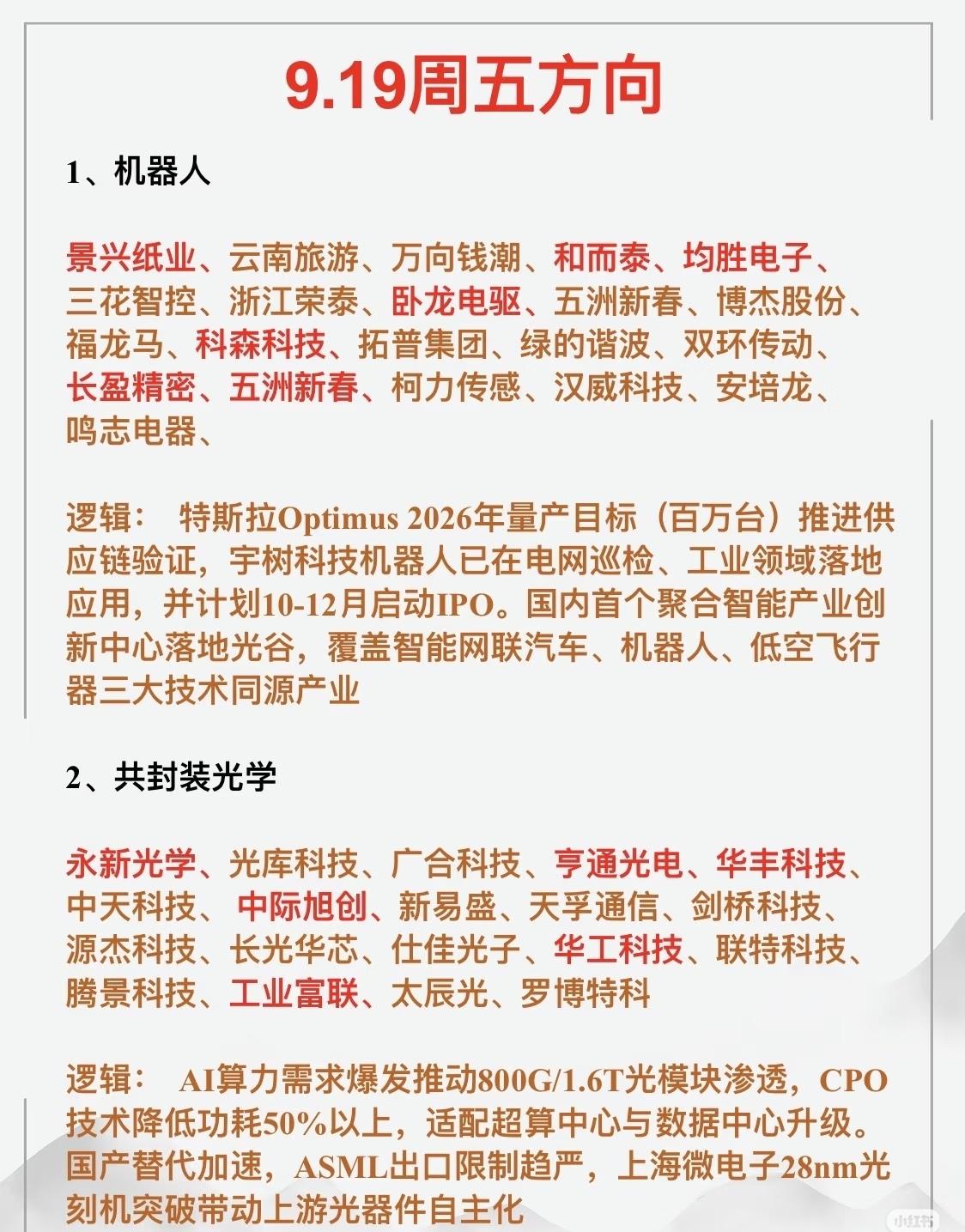 以下是对“9.19周五方向”资讯的整理与总结，涵盖四个主要投资或关注方向，以及相