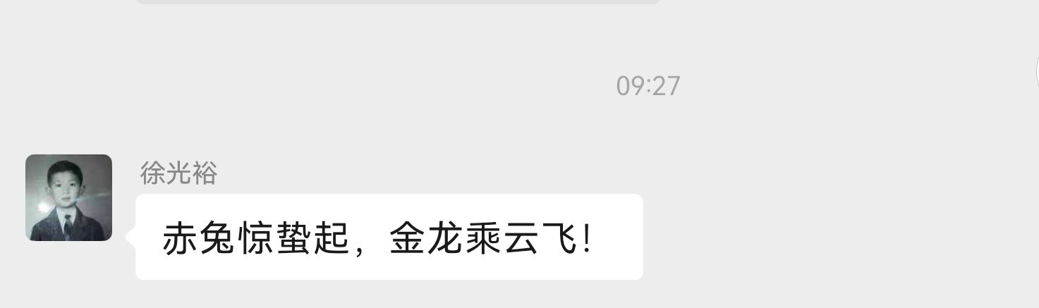 有关国际大势、中东战局，我的老师、敬爱的徐光裕将军发来几个字：“赤兔惊蛰起，金龙