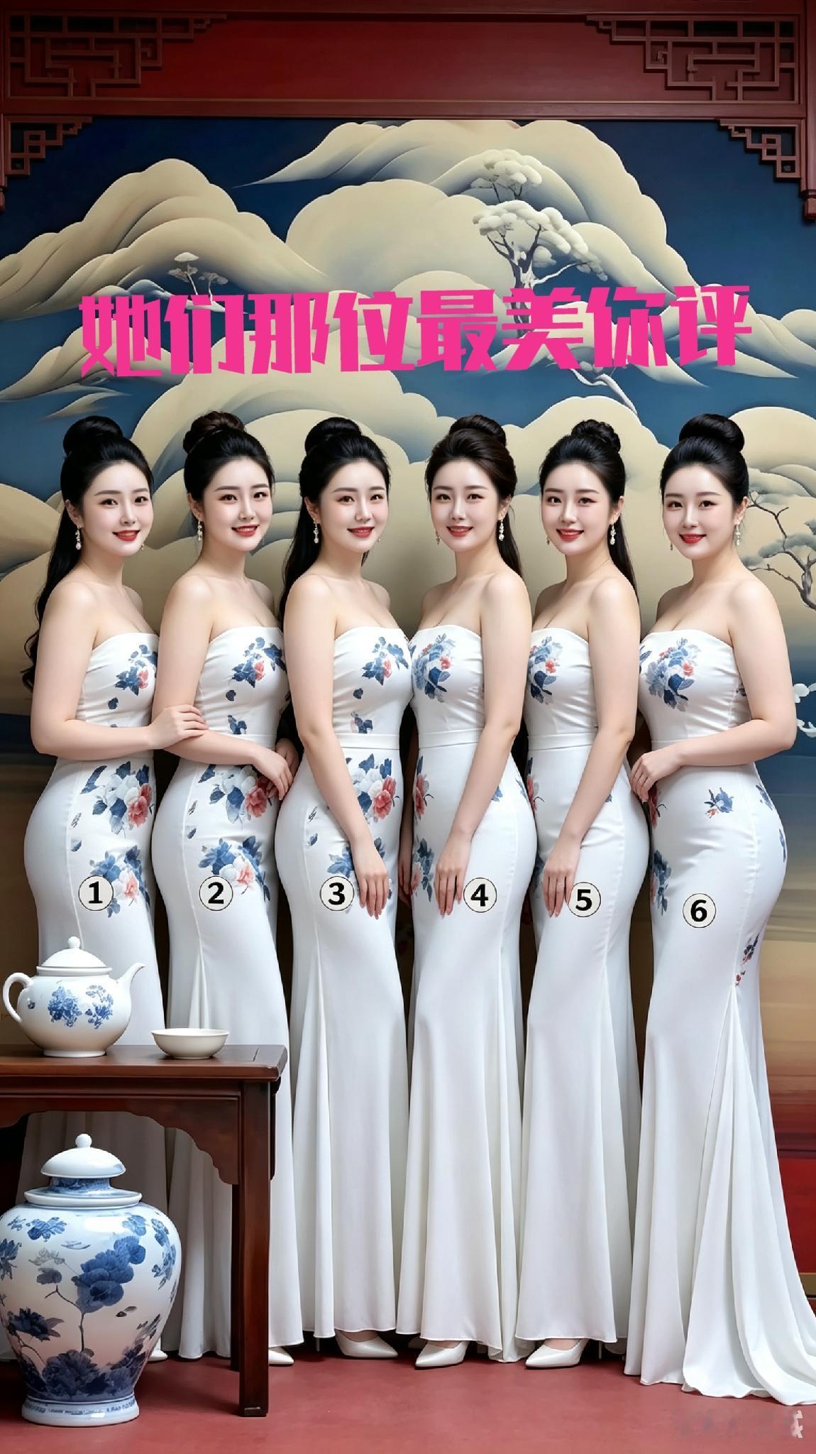 青花六美图青花染就舞云裳，六美丰姿耀玉堂。云鬓万般呈雅态，梨涡浅笑溢温香
