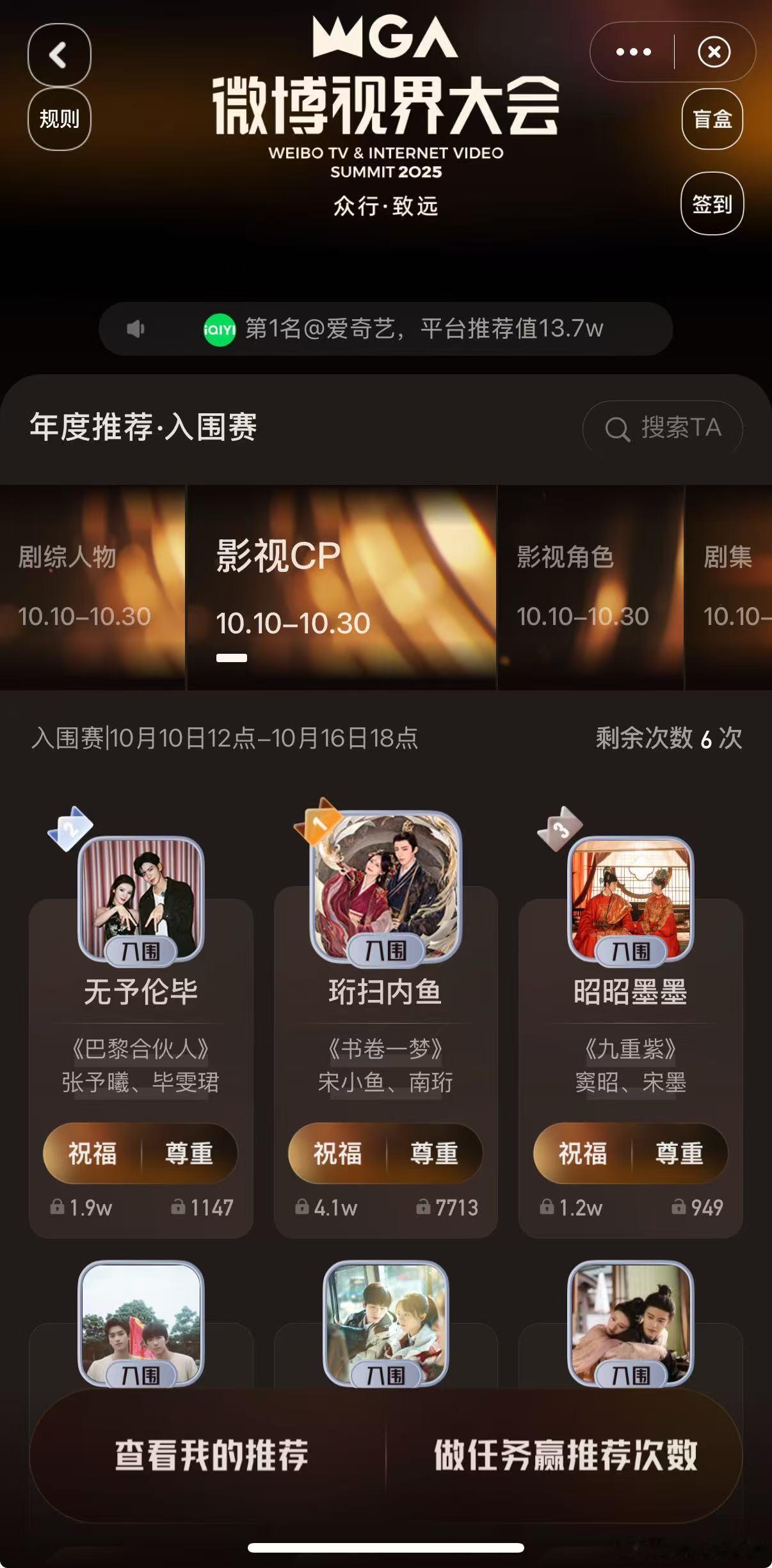 今年微博视界大会新增CP赛道你们入围的CP还是太正经了，看了今年的入围片单