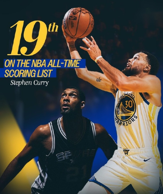 勇士官方晒出海报：祝贺库里超越邓肯升至历史得分榜第19位！04月11日勇士